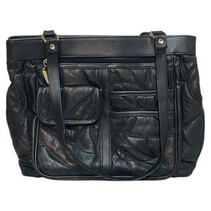 Vintage Black Patchwork Leather Tote Bag with Front‎ Pockets